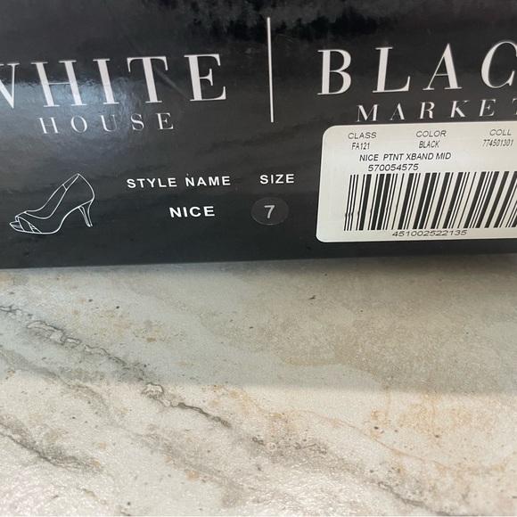 White House Black Market Black Patent Leather open toe cross front style heel - Picture 5 of 9